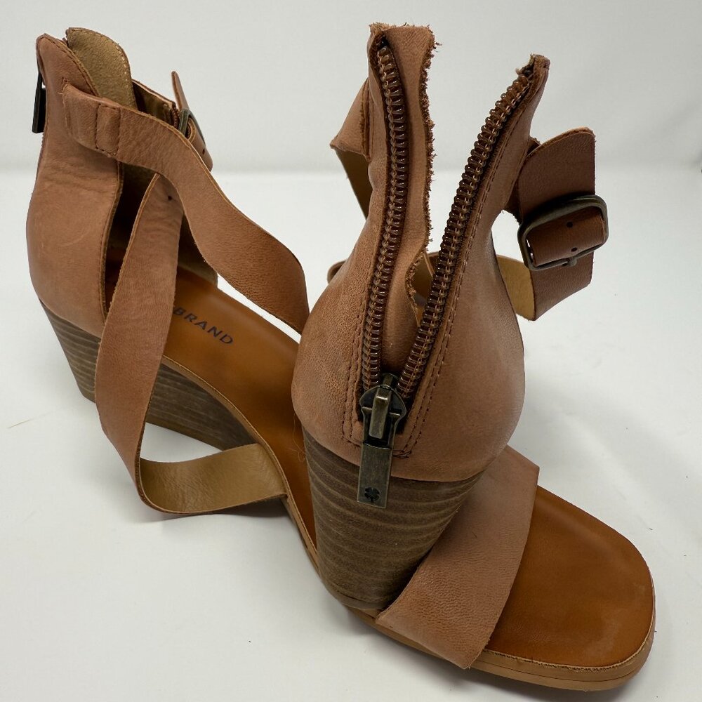 Lucky Brand Jenley Tan Leather Strappy Wedge Sandals
